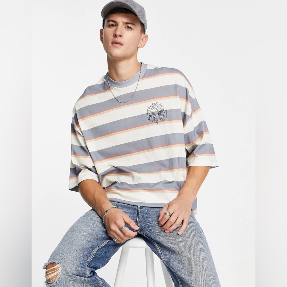 ASOS DESIGN oversized stripe t-shirt in blue with chest print